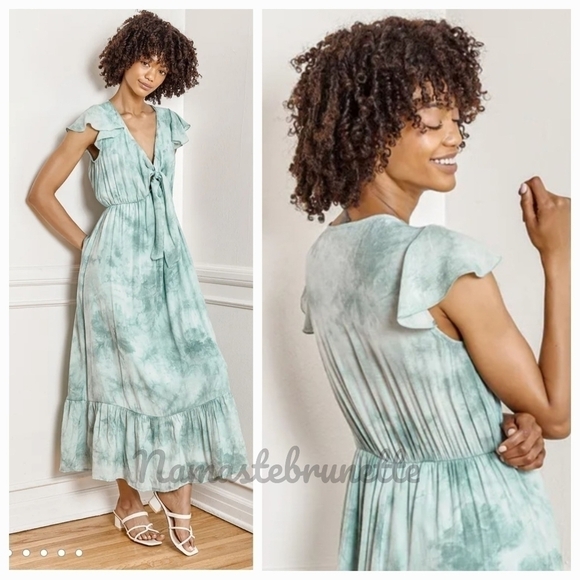 Nwt Lulu's Sage Tie-Dye Tie-Front Tiered Midi Dress - Picture 5 of 17